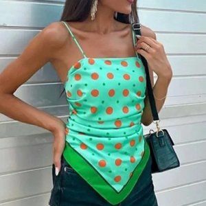 Zara Green Polka Dot Spaghetti Top Asymmetrical Front Blouse Cami